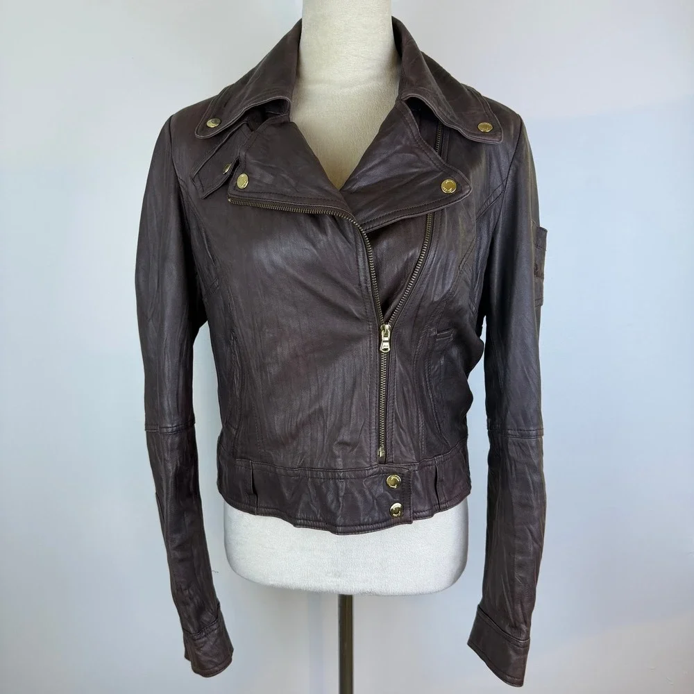 Y2K Guess Womens Brown Real Leather Moto Jacket Gold Zip & Snaps Pocket Size LG